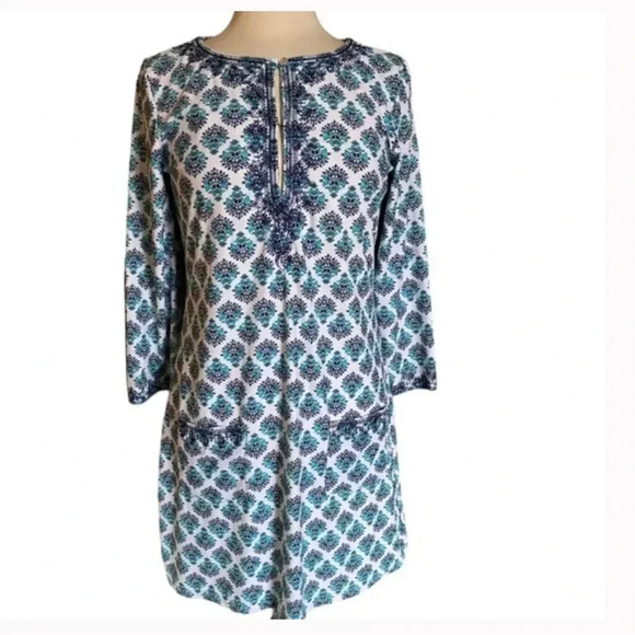 Cabana Life navy aqua print tunic shift dress keyhole pockets 3/4 sleeve M - Picture 7 of 7